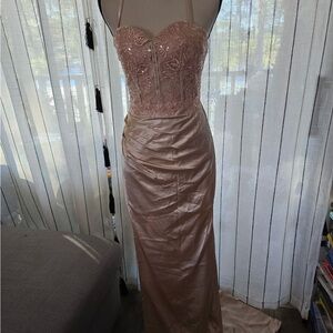 Strapless Satin Gown in Rose by [Brand]